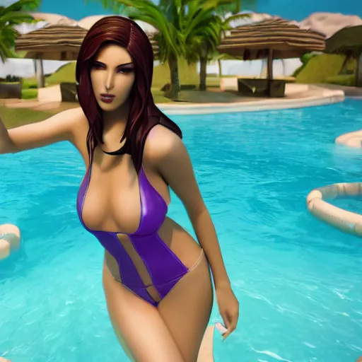 Image similar to pool party Caitlyn (League of Legends) starting into the caribbean horizon . 3d octane render 4k