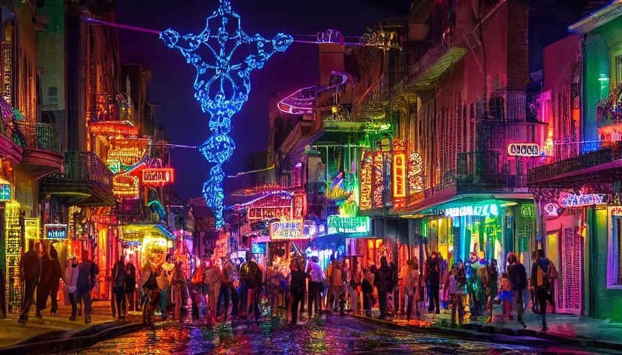 Image similar to crowded neo - gothic bourbon street with color lights, neons, fanfare, hyperdetailed, artstation, cgsociety, 8 k