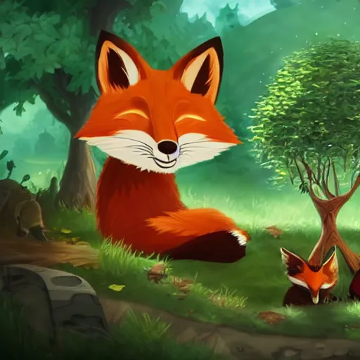 Prompt: a fox and a boy sitting together next to a glass tree watching firefly, night, forest, league of legends splash art