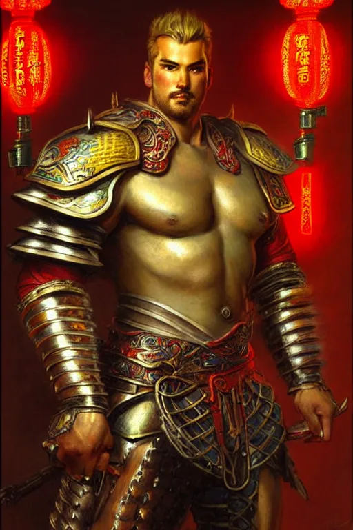 Image similar to attractive beefy male with armor, ming dynasty, character design, colorful, neon lights, painting by gaston bussiere, craig mullins, j. c. leyendecker, tom of finland