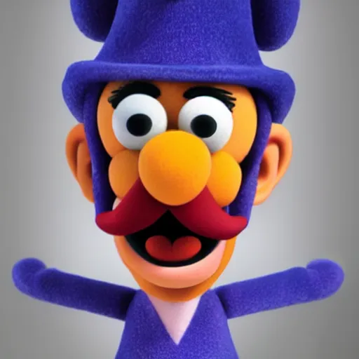 Prompt: A still of Waluigi reimagined as a Muppet, photorealistic