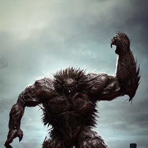 Prompt: huge hulking creature, muscular and terrifying, unsettling, creepy, epic hairy monster terrifying covered in dark fur and matted mud with white eyes, artstation, cgsociety