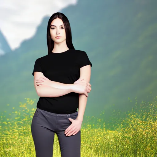 Image similar to clear photorealistic mockup product photograph of a blank black tshirt on an attractive female model in front of a nature background - h 7 0 4