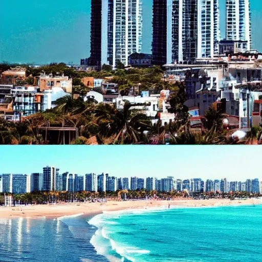 Image similar to a beautiful city by the beach, beach aesthetic