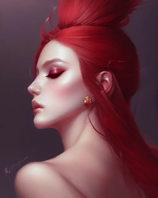 Prompt: 3 / 4 view of portrait lady with eyeliner makeup, lingeries beauty, intricate, elegant, sharp focus, illustration, highly detailed, digital painting, concept art, art by wlop and artgerm and greg rutkowski and ross tran, masterpiece, red and white and black colors