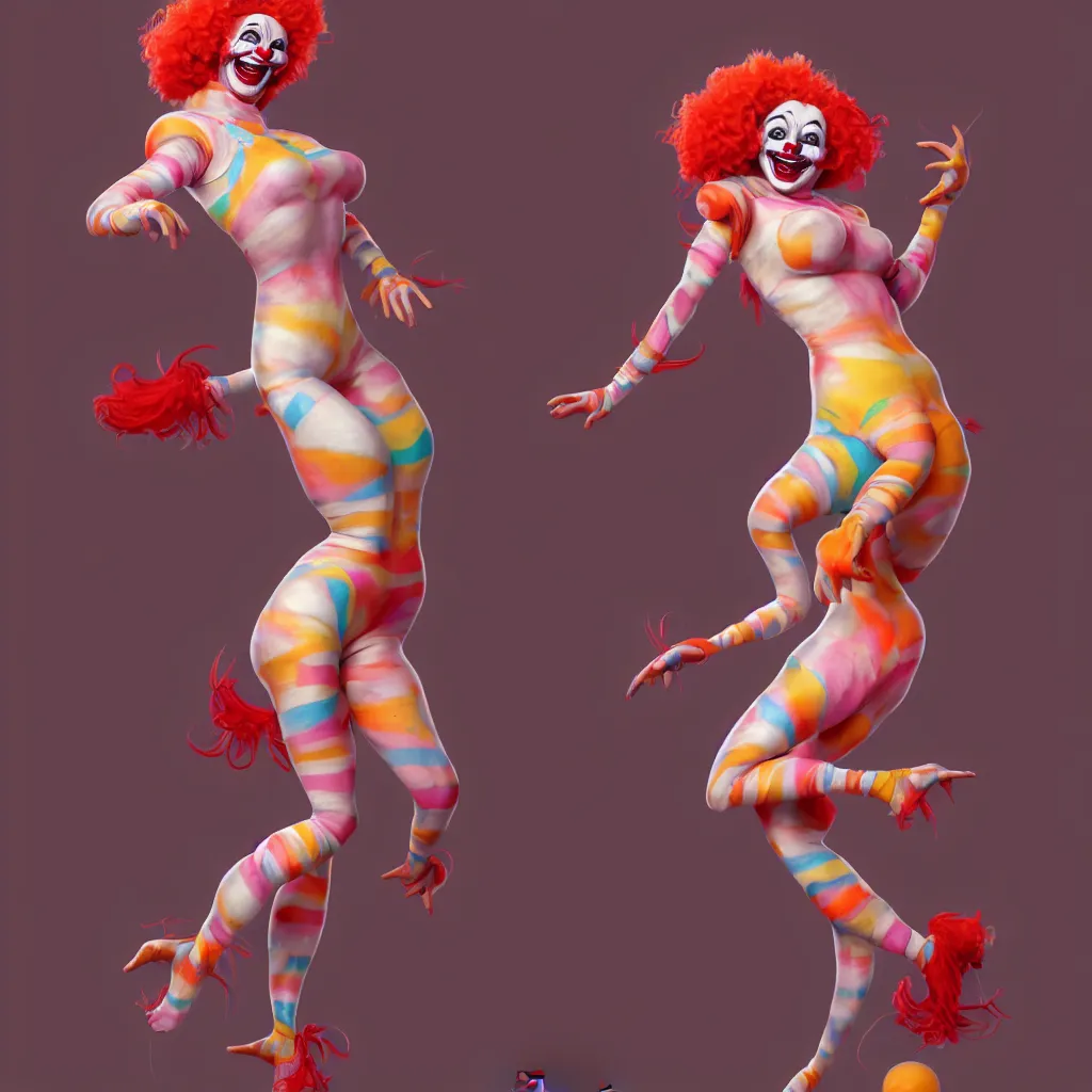 Image similar to a beautiful female clown laughing, full - body and head view, highly detailed, zeronis style, artstation, soft light, sharp focus, illustration, character design, concept art