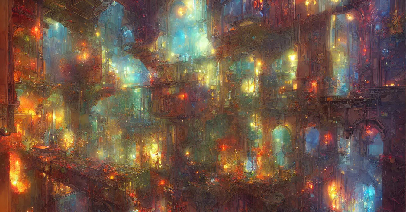 Image similar to Magic window to colorful different dimensions, with floating different energy strings and small particles, by Marc Simonetti