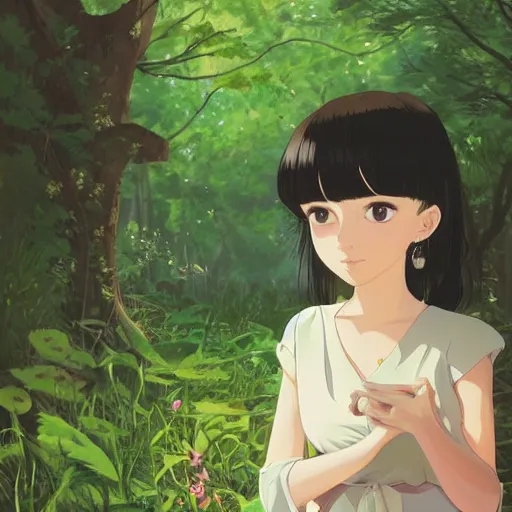 Prompt: Character portrait of a young beautiful woman in a lush park, beautiful face, large eyes, long dark hair with bangs, highly detailed, cel shading, Studio Ghibli still, by Ilya Kuvshinov and Akihiko Yoshida
