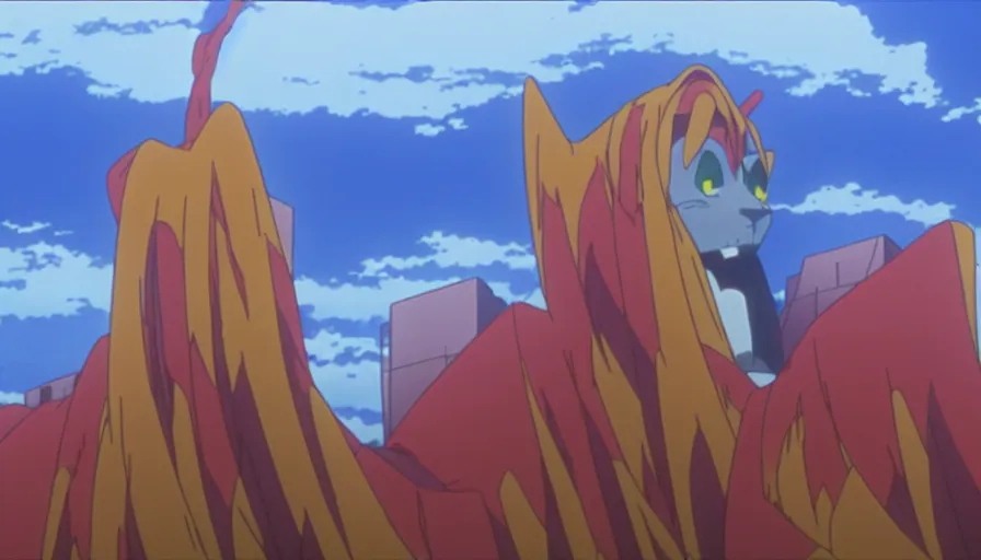 Image similar to pride rock from the lion king standing in tokyo - 3 in a long shot still from the anime neon genesis evangelion, 4 k, neon genesis evangelion official media, high quality, hideaki anno anime