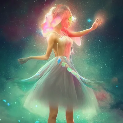 Image similar to magical fairy floating in space, epic cartoon portrait made out of rain, beautiful face, stunning concept art, highly detailed, galaxy background, rendered in octane, unreal engine, trending on artstation, realistic