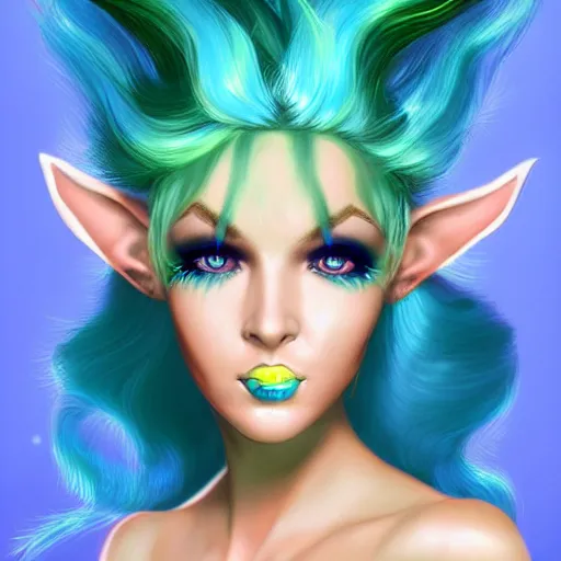 Image similar to Glam hair, 80s hair, Elf girl with blue skin, alien skin, blue elf, blue, blue-skinned elf, green hair, hairspray, big hair, wild hair, glam make-up, 80s, illustration, fantasy art, trending on ArtStation, 1980s fantasy art