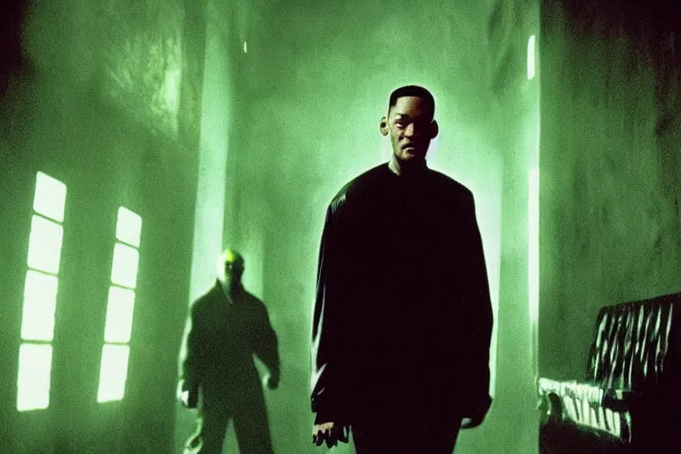 Prompt: will smith as a character from the matrix, cinematic, movie still, dramatic lighting, matrix code,!! by bill henson!!, green color theme