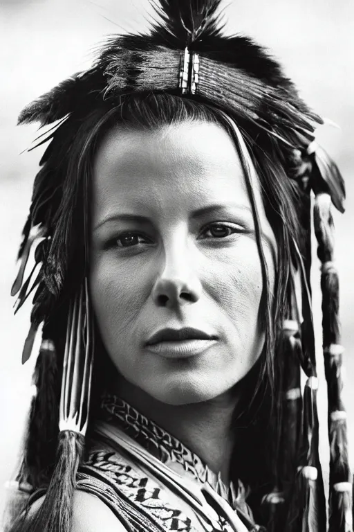 Image similar to Photo of Native American indian woman Kate Beckinsale, portrait, skilled warrior of the Apache, ancient, realistic, detailed, Kate Beckinsale