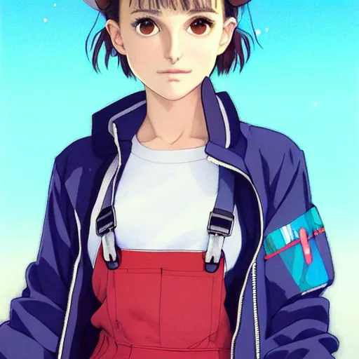 Image similar to a beautiful! boyish! natalie portman alluring gravure! model, wearing oversized mayan bomber jacket and leotard with overalls, bulky poofy bomber jacket with mayan patterns, gapmoe yandere grimdark, trending on pixiv fanbox, painted by greg rutkowski makoto shinkai takashi takeuchi studio ghibli, akihiko yoshida