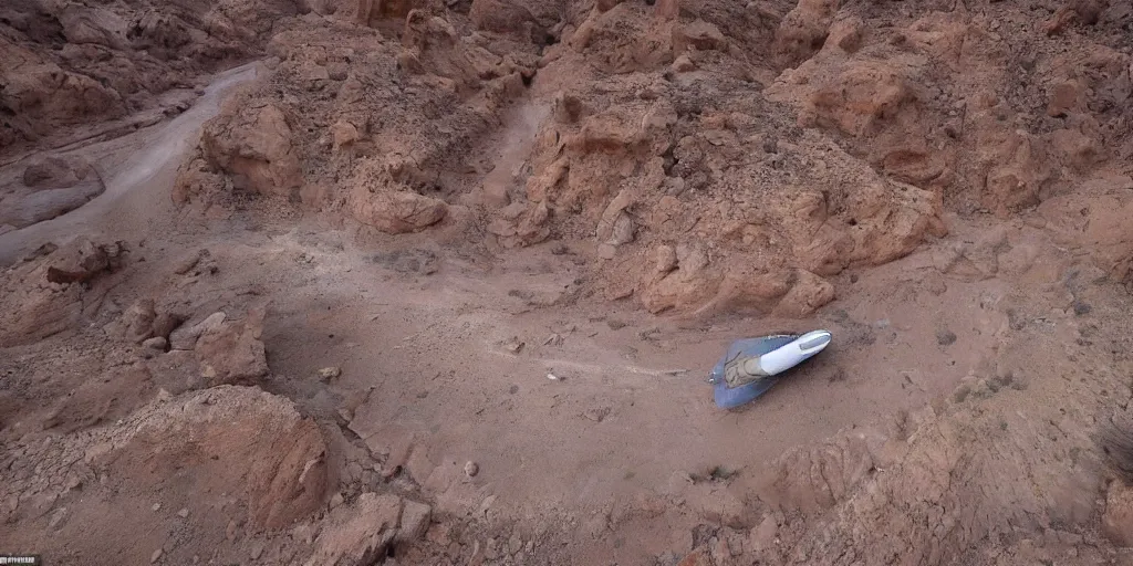 Image similar to giant spaceship 1 0 0 meters around and 1 million years old discovered after the rain washed away the sand and dirt, in a canyon in the utah desert