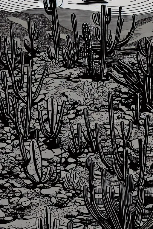 Prompt: art by brian reedy, a beautiful black ink linocut print of a desert with a few cacti here and there, 8 k, frostbite 3 engine, cryengine, dof, trending on artstation, digital art, crepuscular ray