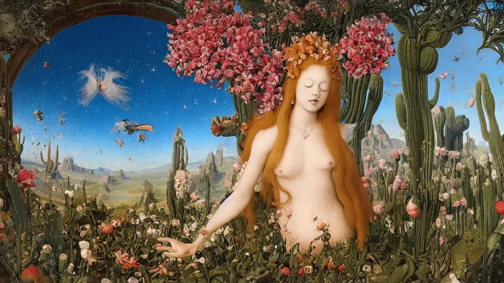 Image similar to a fish eye lense photograph of a meditating harpy mermaid surrounded by towering bulbous flowers. wide landscape with mountains, river delta. clear blue sky with stars. painted by jan van eyck, max ernst, ernst haeckel and ernst fuchs. trending on artstation, 8 k, award winning, fashion editorial, mythology, photorealistic, cacti everywhere