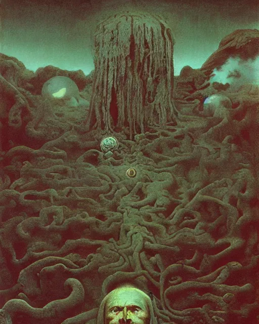 Image similar to critical instability by beksinski, carrington, bosch, dali, barlowe, magritte, pagan multicolors