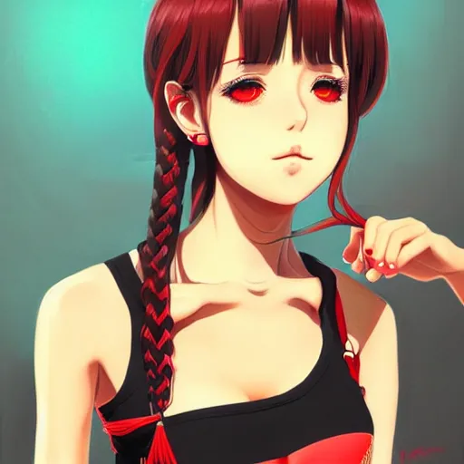 Prompt: sexy girl with braided brown hair, wearing a tanktop, and sitting on a chair, highly detailed, painting, red and black color palette, intricate, high quality anime artstyle, in the style of ilya kuvshinov