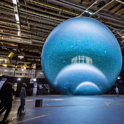 Prompt: high quality professional canon wide - angle lens photo of large scale immersive public art installation inside printworks london venue width large led screen on top, mirror on floor and big sphere for video projection on center. stage design by es devlin. installation about deep nebula space and proto planet.