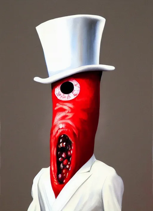 Image similar to hyper realistic painting of an anthropomorphic banana with bloodshot eyes; wearing a white shirt and white top hat; painted by Greg Rukowtski