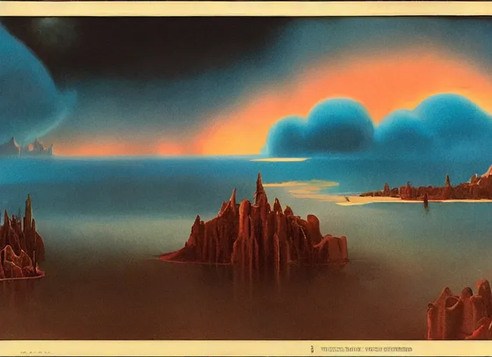 Image similar to floating islands, idyllic, menacing, nebulous clouds, thundrous hellish floating crumbling islands particulate and shivering cold of the apocalypse, hyperfluorescent saturated pastel pleasing - palette matte painting matte painting from fantasia ( 1 9 4 1 )