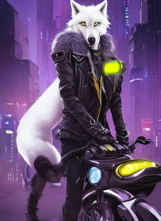 Image similar to award winning beautiful portrait commission of a male furry anthro albino wolf fursona with a tail and a cute beautiful attractive detailed furry face wearing stylish black, purple and yellow cyberpunk biker clothes riding a futuretech motorcycle in a cyberpunk city at night while it rains. Character design by charlie bowater, ross tran, artgerm, and makoto shinkai, detailed, inked, western comic book art