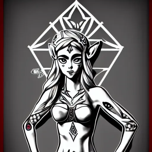 Image similar to tattoo design, stencil, portrait of princess zelda in a bikini by artgerm, symmetrical face, beautiful, triforce