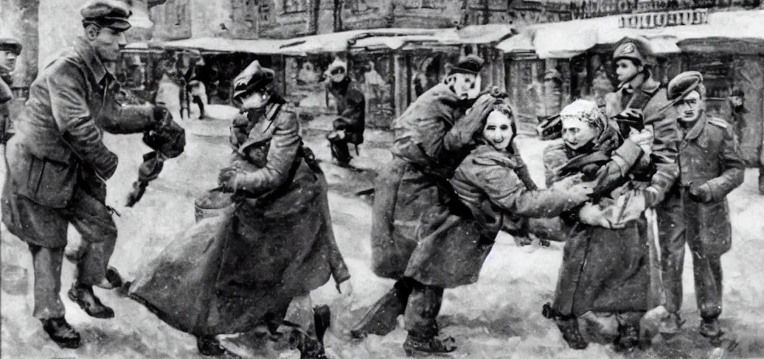 Image similar to photorealistic photograph of tired USSR soldiers stealing from an old woman at the store, 1940s, retro, award-winning