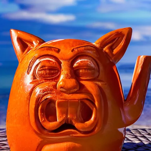 Image similar to a closeup photorealistic photograph of a glossy orange cat garfield style tiki mug sitting at a trader vic's beach bar featuring garfield's face. tiki theme. bright scene. fine detail. this 4 k hd image is trending on artstation, featured on behance, well - rendered, extra crisp, features intricate detail, epic composition and the style of unreal engine.