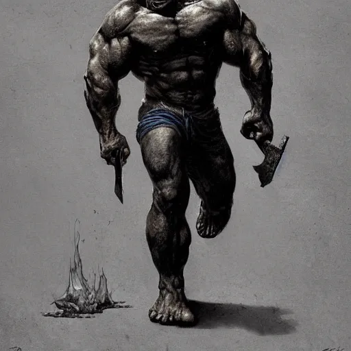 Image similar to artstation concept a midnight blue hulk holding an axe, dusty brown background, grotesque face, hyperdetailed, artstation trending, world renowned artists, worth 1 0 0 0. com, historic artworks society, antique renewel, cgsociety, by greg rutkowski, by gustave dore, deviantart