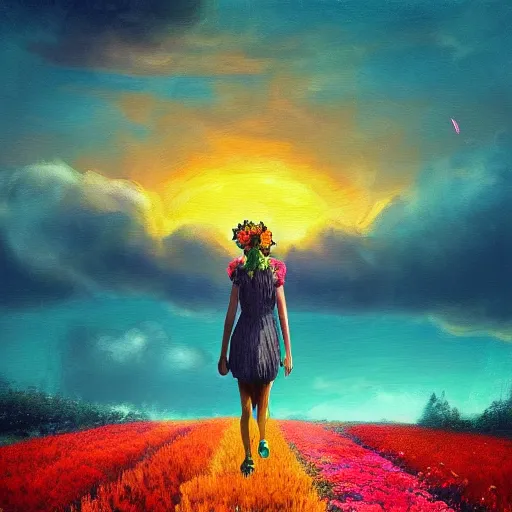 Image similar to giant flower as a head, girl walking in flower field, surreal photography, sunrise, dramatic light, impressionist painting, colorful clouds, digital painting, artstation, simon stalenhag