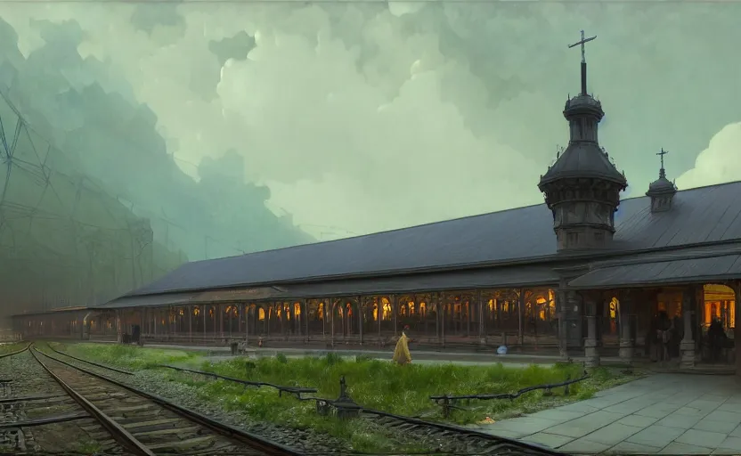 Image similar to painting of a wide angle exterior shot of a victorian utopian train station with cinematic lighting by peter zumthor and renzo piano, darek zabrocki and greg ruthkowski, alphonse mucha, simon stalenhag and cinematic and blue cold atmospheric, holy place, atmospheric, archillect concept art, artstation, trending on artstation