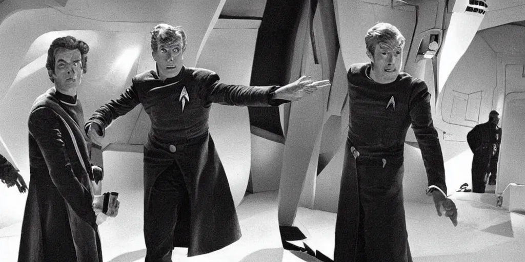 Image similar to Doctor Who in the role of Captain Kirk in a scene from Star Trek the original series