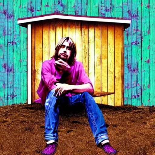 Image similar to Kurt Cobain, using psychodelic drugs in a wooden shed, sitting in a corner, surreal, abstract, HD, 4K