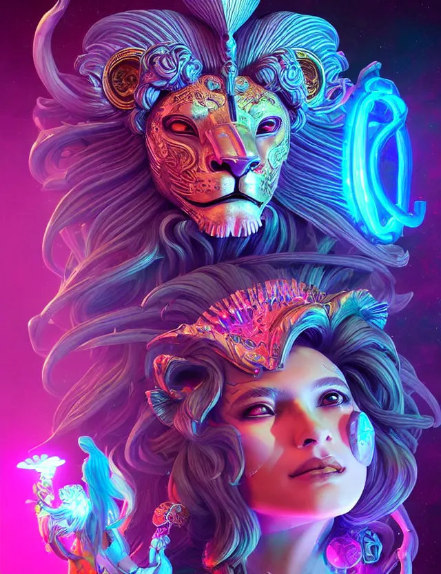 Image similar to 3 d goddess medium shot portrait with hyperdimensional totem implants. beautiful intricately detailed avante garde lion mask and retrowave sorceress outfit. neon, bio luminescent,, artwork by tooth wu and wlop and android jones and beetle and greg rutkowski