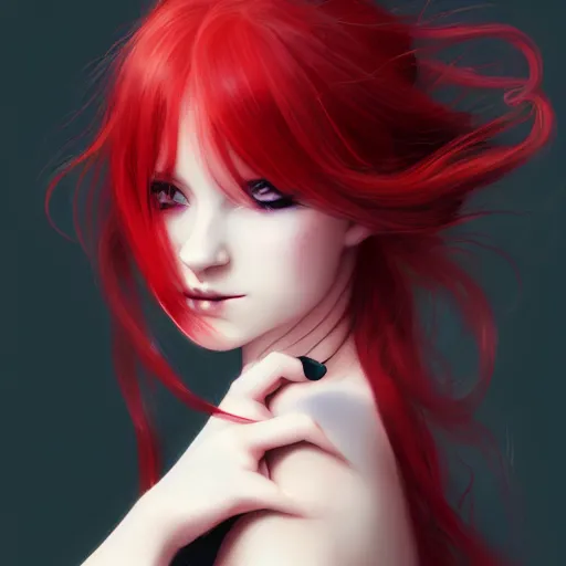 Image similar to facial portrait of a young pretty anime woman, long red hair, dark eyes, gothic eyeliner, character concept art, headshot, Charlie Bowater, Anna Dittmann, WLOP, Rumiko Takahashi, Akihiko Yoshida, Hyung-tae Kim, alexander mcqueen, trending on Artstation