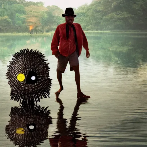 Image similar to man with clocks as eyes walking near lake with crocodiles, high detail, soft lighting, intricate, 8 k