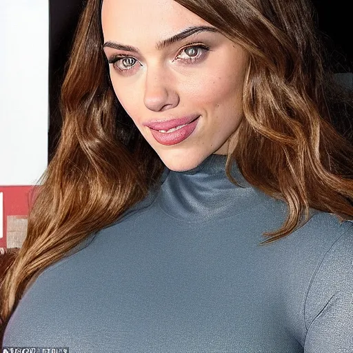 Image similar to a woman who is a genetic combination of kim kardashian and kat dennings and scarlett johansson and margot robbie and emma watson, face and upper - body focus