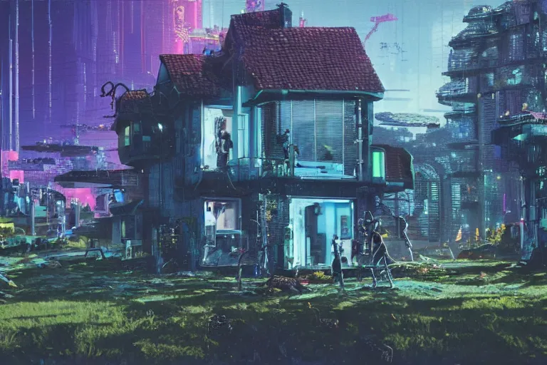 Image similar to cyberpunk, an estate agent listing external photo of a 5 bedroom detached house in the countryside, robots, sunny day, clear skies, by Paul Lehr, highly detailed, photorealistic, 8k, anamorphic, cinestill cinematrography