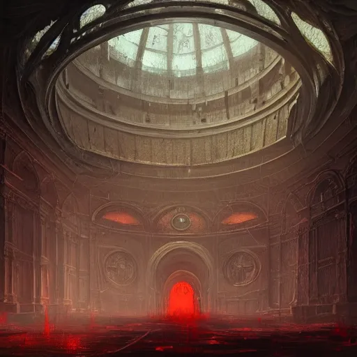 Image similar to concept art by greg rutkowski, a large inner garden under a great dome, desolate, covered in reddish slime on all sides, uncanny atmosphere, low light, scary atmosphere, scifi, highly detailed portrait, digital painting, artstation, concept art, smooth, sharp foccus ilustration, artstation hq