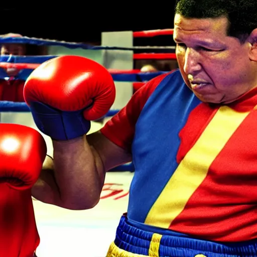 Image similar to A still of Hugo Chávez in a boxing match against Nicolas Maduro, 4k, highly detailed, photograph, photoreal, award winning, promo shoot