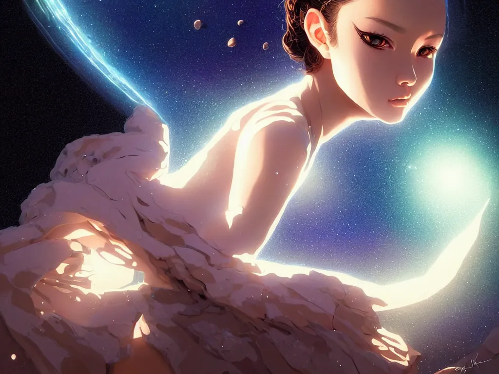 Image similar to a girl wearing a dress made of milky way with outer gods, conquest the earth, occlusion shadow, specular reflection, rim light, unreal engine, artgerm, artstation, art by hiroaki samura and ilya kuvshinov and ossdraws, intricate, highly detailed 8 k, fantasy illustration, extremely beautiful and aesthetic shape of face and body