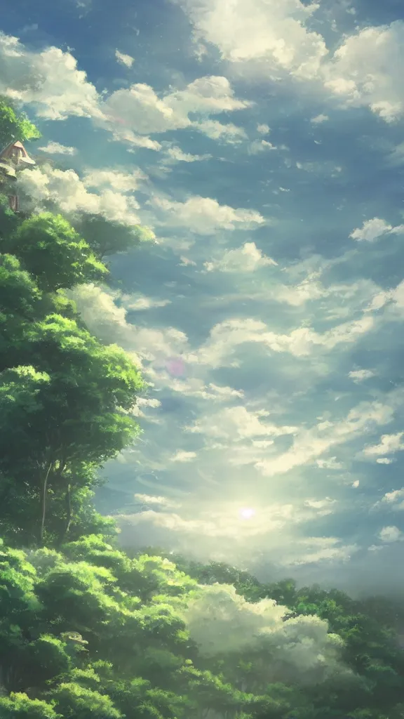 Prompt: pale green clouds, a house with a garden full of flowers is above the clouds, light effect, by miyazaki hayao and makoto shinkai, trending on behance, 8 k