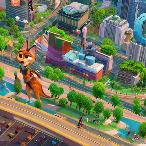 Image similar to The isometric perspective and UI of the PC game SimCity, applied to Zootopia by Disney.