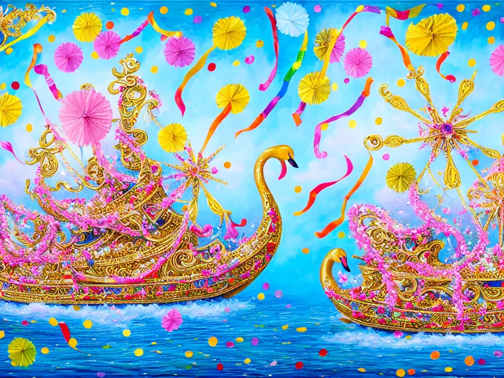 Image similar to a highly detailed painting of a fantasy ornate embellished swan boat cruise ship covered in flowers, streamers, confetti, pin wheels, kites.