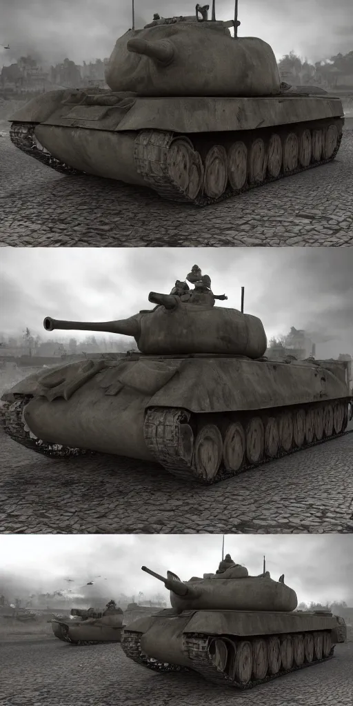 Image similar to world war 2 tank, soldiers running away, hyperdetailed, photorealistic, 3 d render