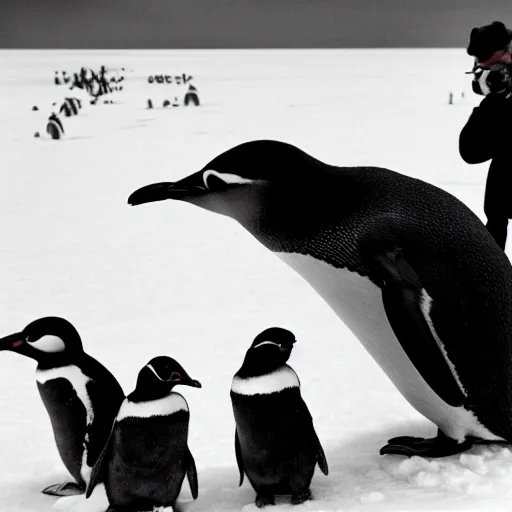 Prompt: Photograph of Dennis Hopper feeding penguins in Antarctica