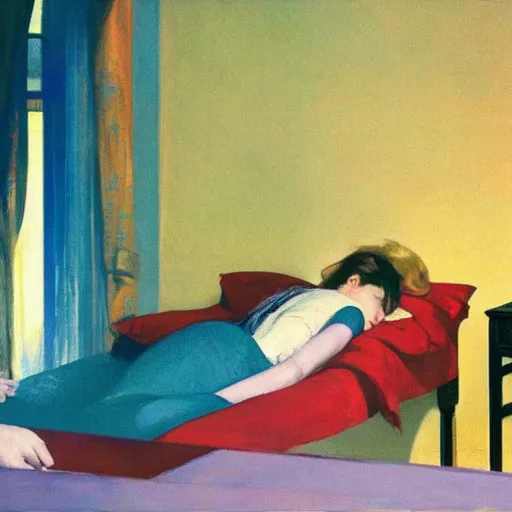Prompt: a woman sleeps in levitation above her bed, vibrant, by akihiko yoshida and edward hopper