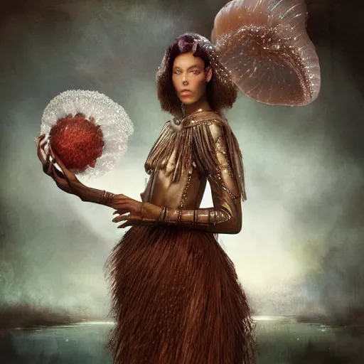 Image similar to brown woman wearing a jellyfish armor. iridiscent. super detailed. layered. textured. award winning. dispersion of light. refracted lighting. soft. fragile. by ray caesar. by louise dahl - wolfe. by andrea kowch. by tom bagshaw. surreal photography